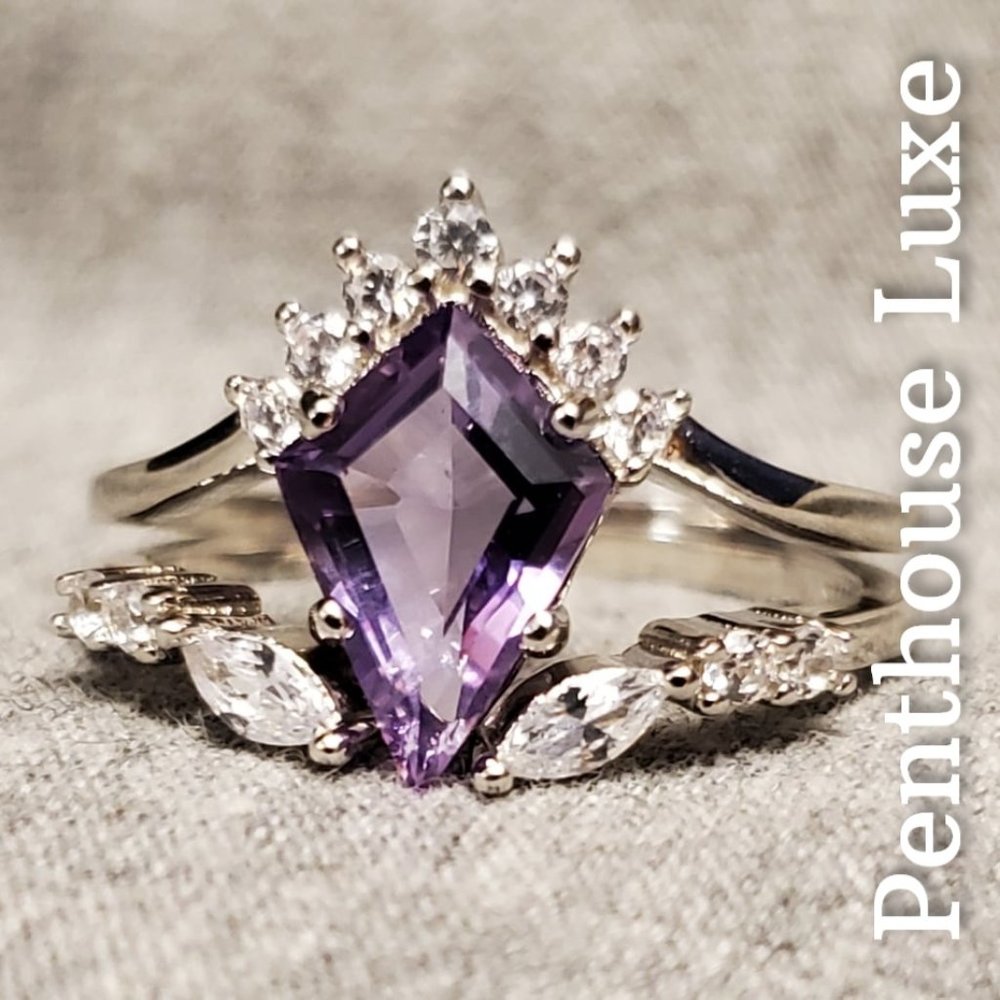 SOLID 925 Sterling Silver Purple Amethyst Kite Cut Ring Set - Picture 2 of 6